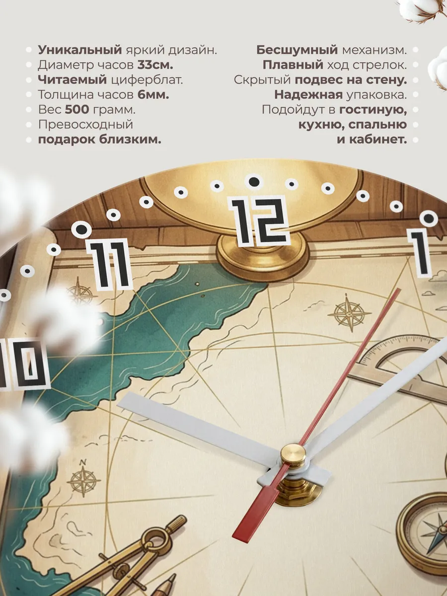 Часы настенные бесшумные Штурманский стол карты 33 см — фото 11
