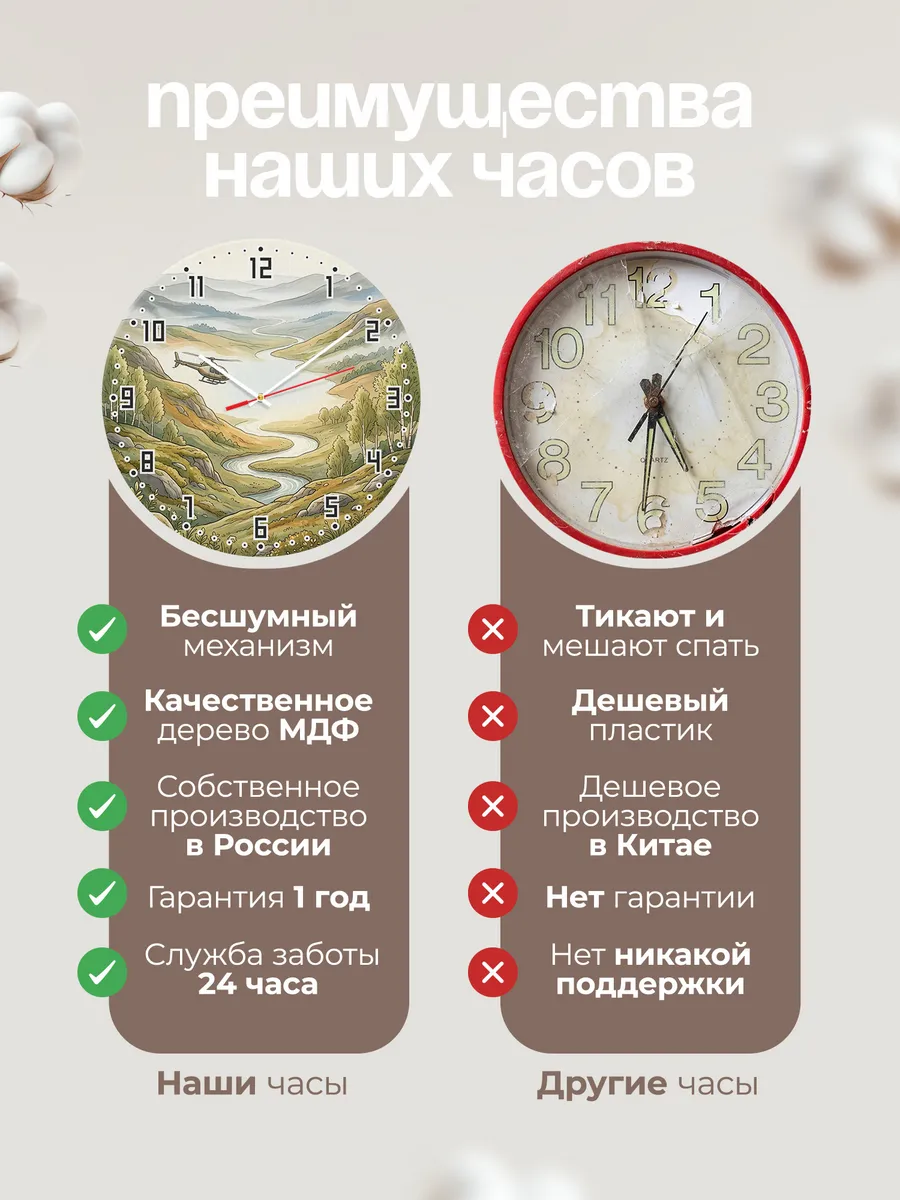 Часы настенные бесшумные Вертолёт над сопками 33 см — фото 10