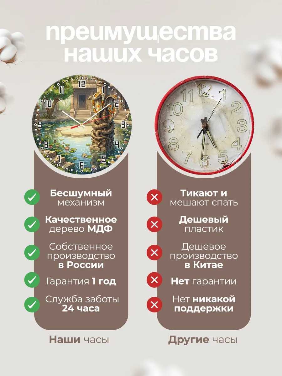 Часы настенные бесшумные Наги змеи храм 33 см — фото 10