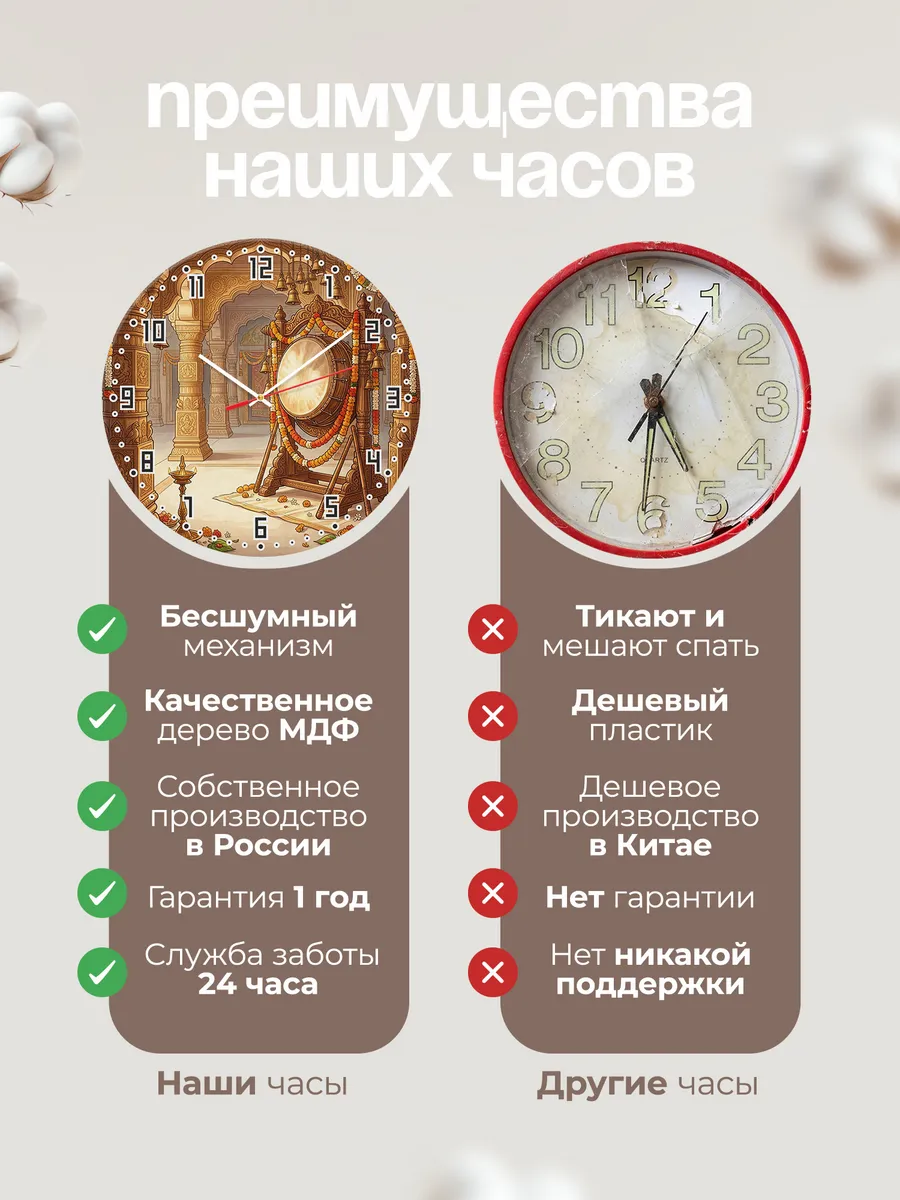 Часы настенные бесшумные Храмовый барабан Индия 33 см — фото 10