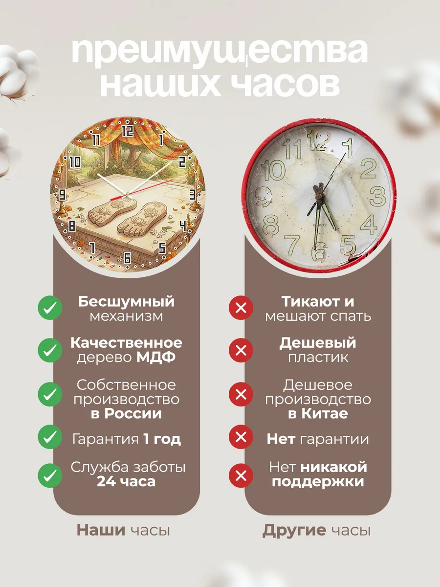 Часы настенные бесшумные Священные стопы Индия 33 см — фото 10