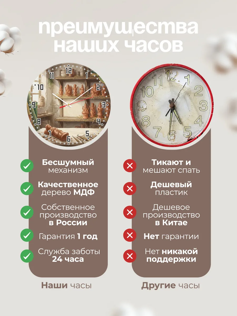 Часы настенные бесшумные Глиняные фигурки Индия 33 см — фото 10
