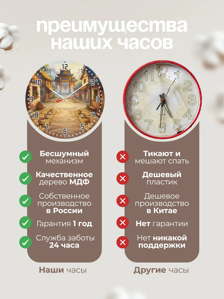 Часы настенные бесшумные Утро в деревне Азия 33 см — фото 10