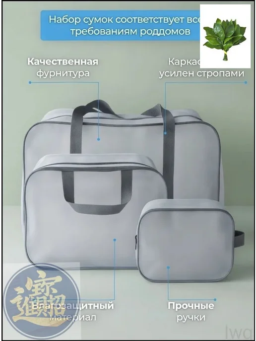 Набор сумок в роддом (L, M, косметичка), 3 шт, ПВХ, 3 шт, фото 2