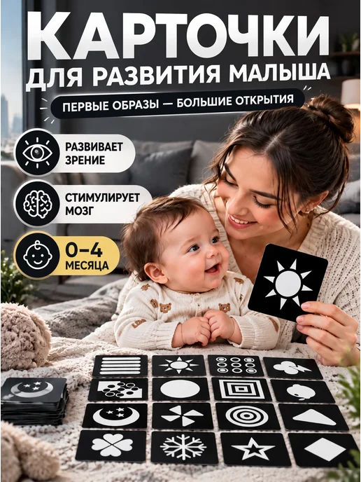 Развивающие черно белые карточки для новорожденных детей, черный