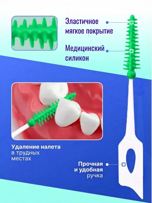 Межзубные ершики 20 шт, диаметр 1 мм, мягкие, зелёные, 20 шт, фото 3