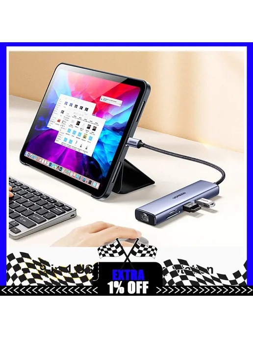 Хаб UGREEN CM512 (15598) USB-C To 3*USB 3.0 A+HDMI+RJ45+PD Converter - Gray, черный, фото 2