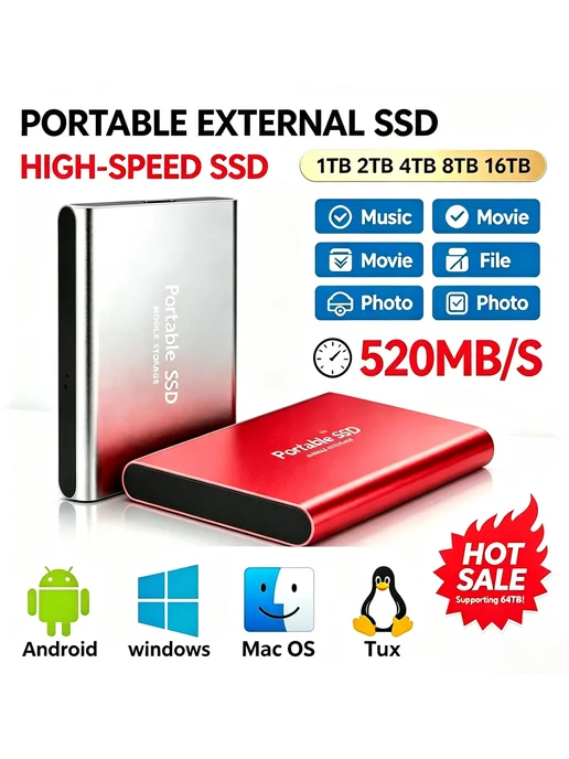 RNABAU Портативный SSD 1-128 ТБ USB 3.1 Черный, 4TB, 1128 ТБ, 4 ТБ, черный, фото 2