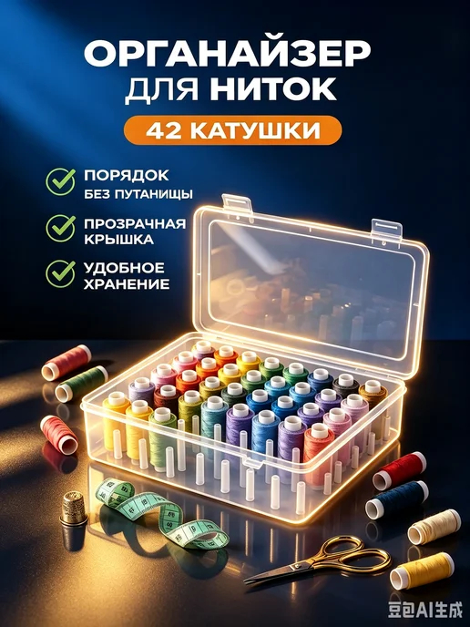 органайзер для ниток пластик 42 катушки для дома, белый, фото 2