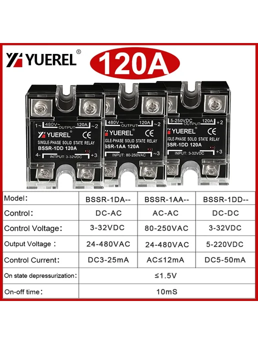 YUEREL Однофазное твердотельное реле BSSR-1DA 60A DC-AC, 120A DC-AC