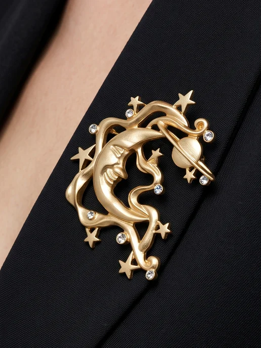 DESIGNER JEWERLY Луна и звёзды, крупная брошь-булавка ретро стиль, аксессуар, желтый, фото 3