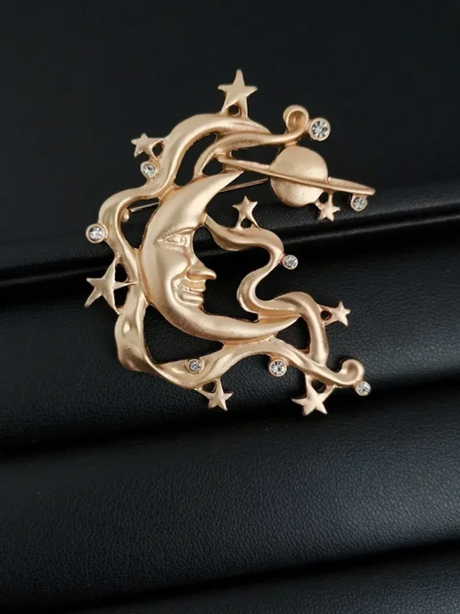 DESIGNER JEWERLY Луна и звёзды, крупная брошь-булавка ретро стиль, аксессуар, желтый, фото 7