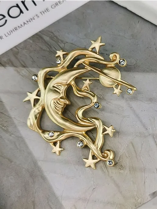 DESIGNER JEWERLY Луна и звёзды, крупная брошь-булавка ретро стиль, аксессуар, желтый, фото 8