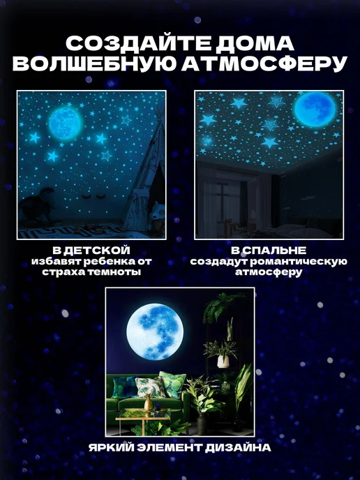 Интерьерные наклейки для детской комнаты светящиеся звезды и, синий, фото 2