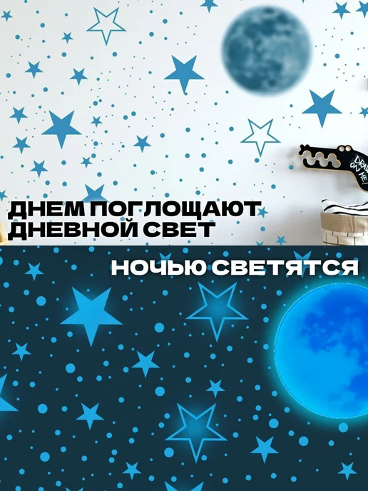 Интерьерные наклейки для детской комнаты светящиеся звезды и, синий, фото 3
