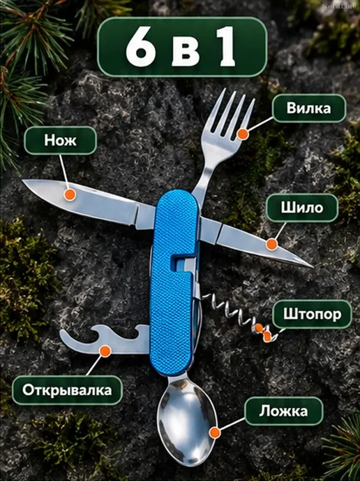 Туристический мультитул 6 в 1 ложка, вилка, нож, синий, фото 3