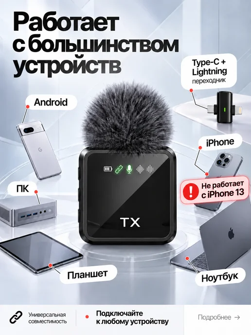 Микрофон петличный беспроводной для iPhone и Android, вариант, фото 4