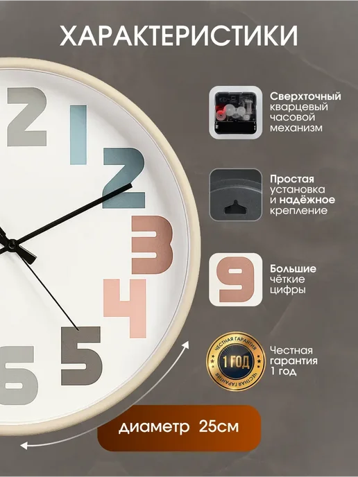 Just Time Часы настенные интерьерные круглые бесшумные для кухни 20 см, голубой, фото 3