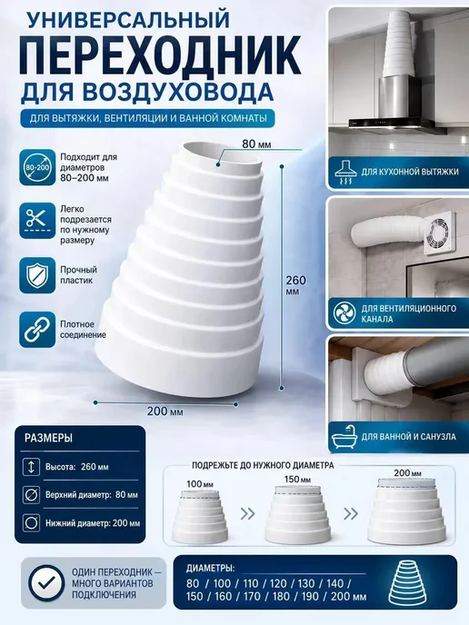 Переходник для вытяжки 80-200 мм, вариант