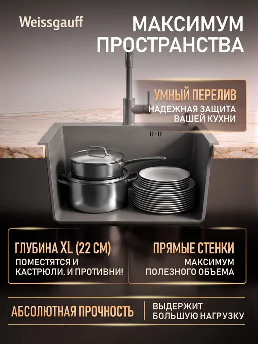 Weissgauff Мойка для кухни раковина из нержавеющей стали 50*50, 50x50, фото 4