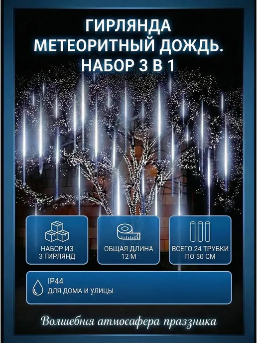 Гирлянда уличная Метеоритный дождь Набор 12м Сосульки 50см, вариант