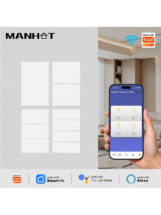 Нет бренда MANHOT Умный WiFi-выключатель для света с нейтральным провод, вариант, фото 2