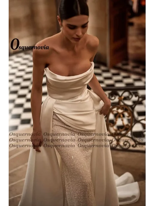 Osquernovia Изысканное атласное свадебное платье с круглым в, бежевый, фото 2