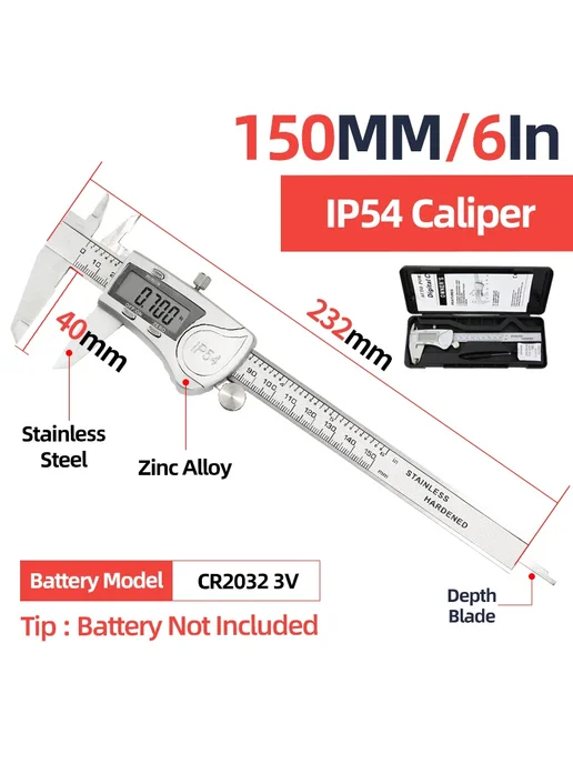 Tooleye Цифровой штангенциркуль 150 мм, IP54 Caliper, Цифровой 150 мм Box