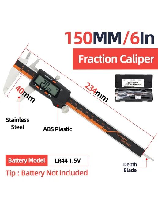 Tooleye Цифровой штангенциркуль 150 мм, IP54 Caliper, Цифровой 150 мм Box, фото 3