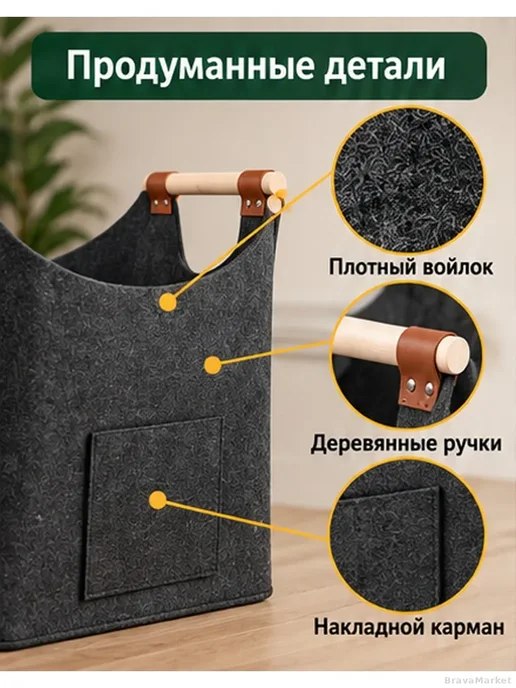 Корзина для дров войлочная складная с ручками, серый, фото 4