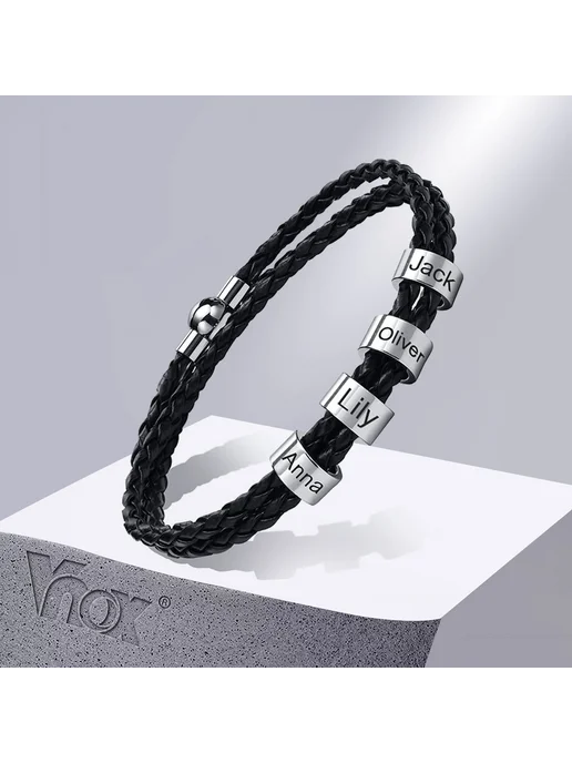 Мужской плетеный кожаный браслет с именем Vnox, черный, фото 2