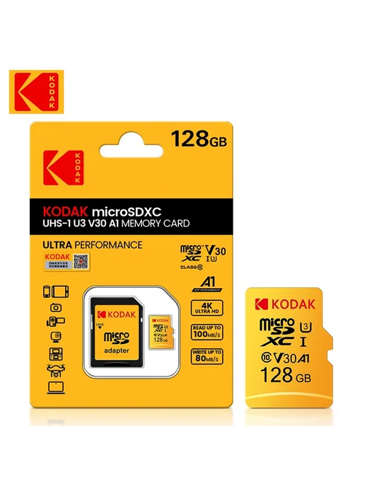 KODAK Карта памяти Micro SD 128 ГБ, класс 10, флеш-накопител, 128 ГБ