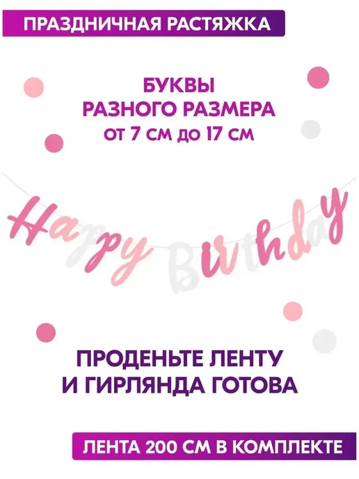 Растяжка с днем рождения Happy Birthday. Гирлянда надпись на, розовый, фото 3
