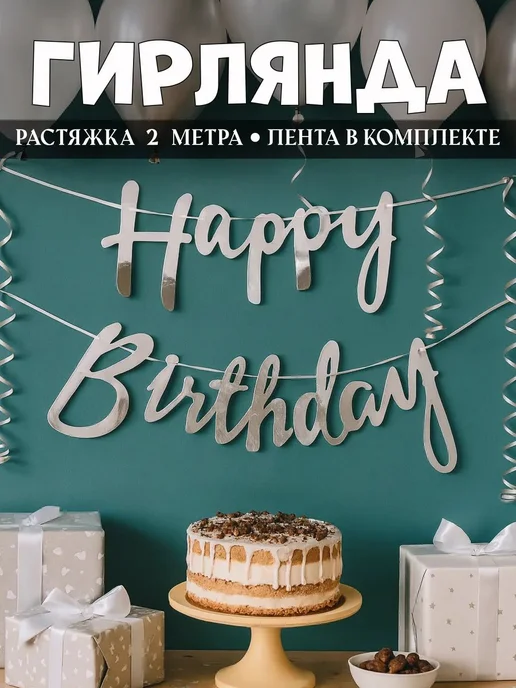 Растяжка с днем рождения Happy Birthday. Гирлянда надпись на, серый