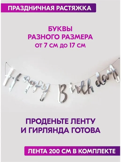 Растяжка с днем рождения Happy Birthday. Гирлянда надпись на, серый, фото 2