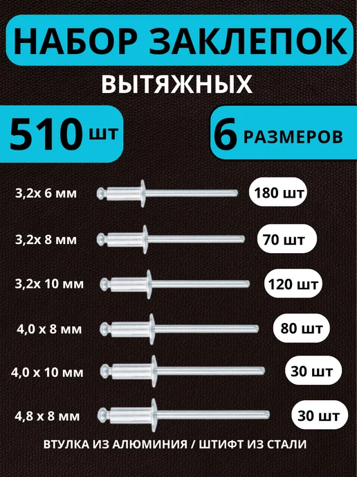 ПРОФИКС Заклепки вытяжные алюминиевые для заклепочника набор 320 шт, 510 шт