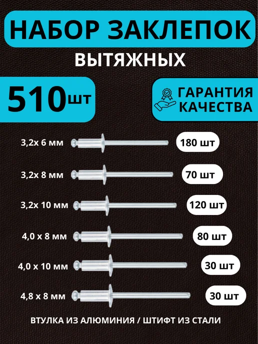ПРОФИКС Заклепки вытяжные алюминиевые для заклепочника набор 320 шт, 510 шт, фото 6