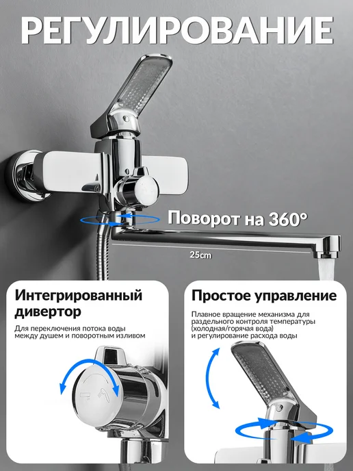 FAZRNLO Смеситель для ванны с душем длинный оворотный излив, серый, фото 2