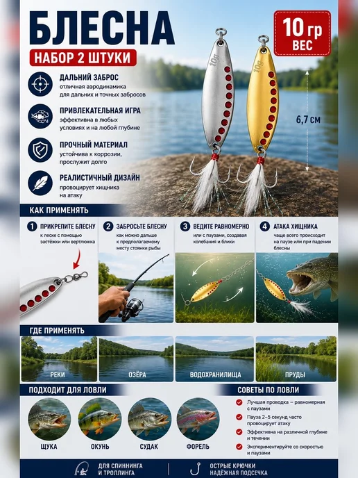 XAS Блесны колеблющиеся на щуку и судака, набор 2 шт, 10 г, 2 шт, 10 г, фото 2
