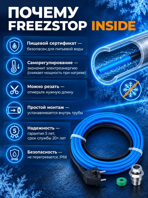 FREEZSTOP Греющий кабель в трубу inside 10 вт м 5 метров, 10 Вт, 6 м, фото 4