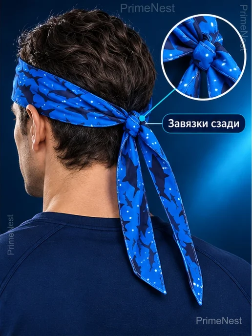 Спортивная бандана с завязками и принтом акул, синий, фото 3