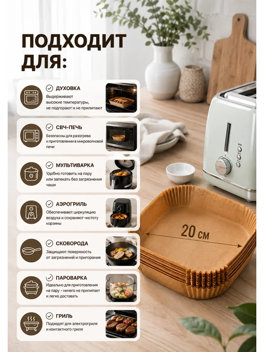 Пергаментные формы для аэрогриля 20 см, вкладыши для выпечки, коричневый, фото 3