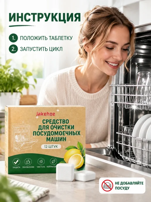 Таблетки для очистки посудомоечной машины от жира 12 штук, 12 шт, фото 4