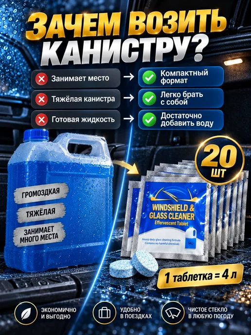 Омывайка летняя стеклоочиститель для машины в таблетках 20шт, 20 шт, фото 6