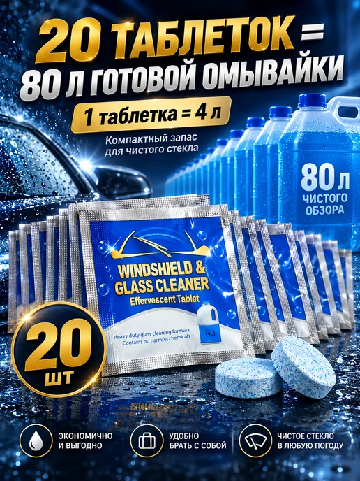 Омывайка летняя стеклоочиститель для машины в таблетках 20шт, 20 шт, фото 8