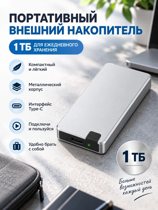 Нет бренда Внешний SSD 2 ТБ Type-C, портативный накопитель, 1 ТБ, фото 3