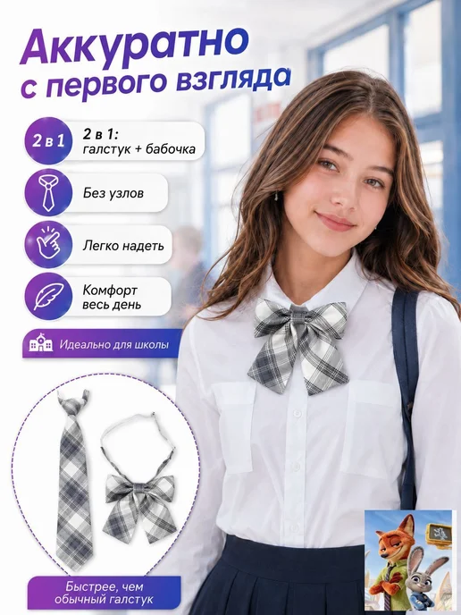 Галстук и бабочка школьные, серо-белая клетка, 2 шт, 2 шт, фото 2