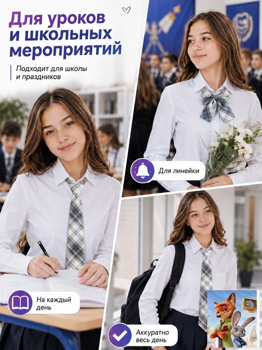 Галстук и бабочка школьные, серо-белая клетка, 2 шт, 2 шт, фото 4
