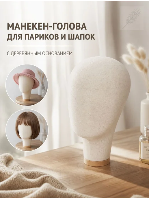 Манекен головы холстовый с деревянной подставкой, вариант