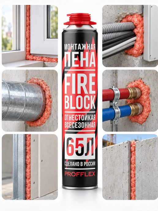 Profflex Пена монтажная Fire Block65 противопожарная всесезонная 1шт, 2 шт, фото 2